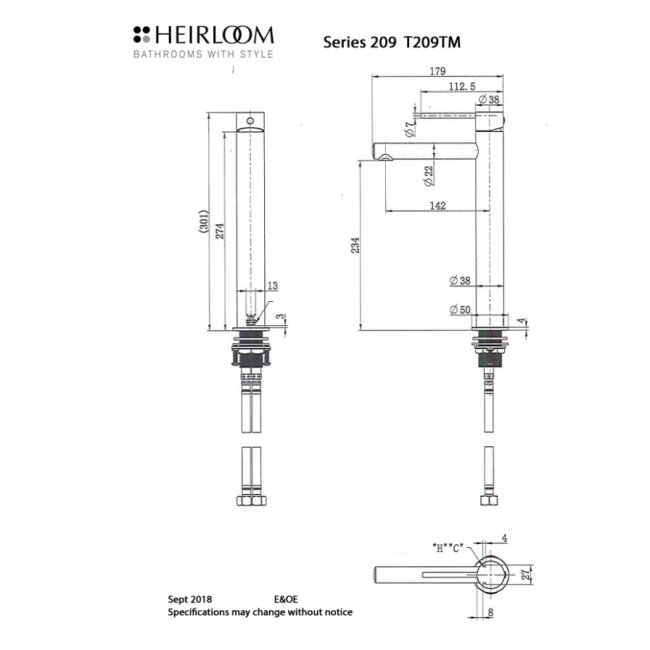 Heirloom 209 Series Tall Basin Mixer - Noir