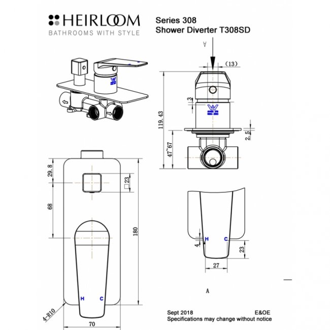 Heirloom 308 Series Shower Diverter - Chrome