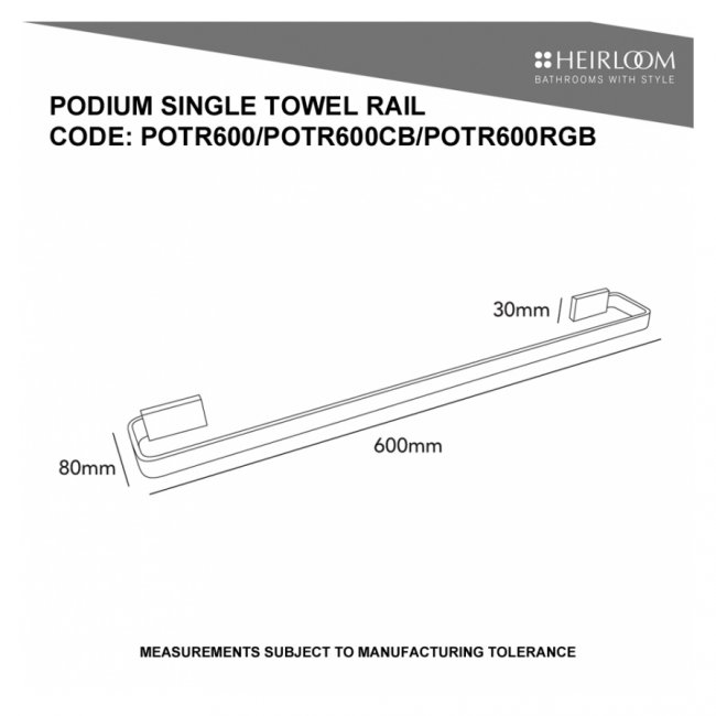 Heirloom Podium Single Towel Rail Chrome/Black