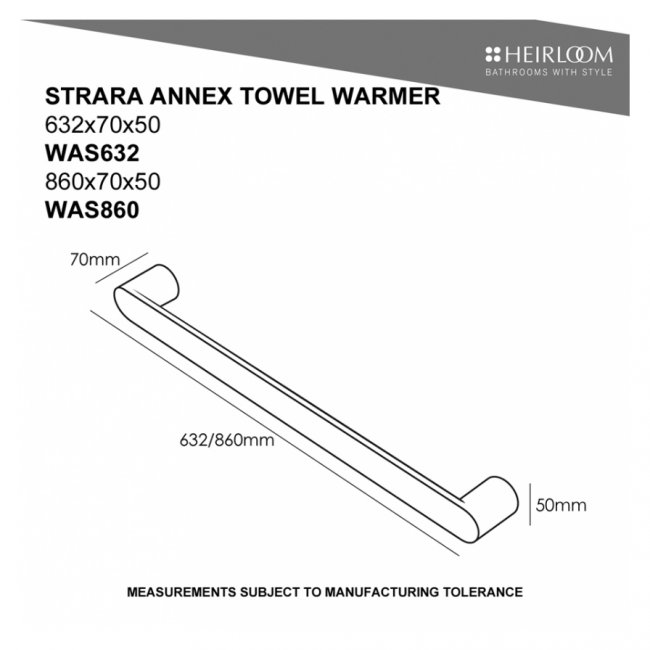 Heirloom Strata Annex Single Bar Towel Warmer 860mm - Stainless Steel