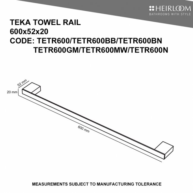 Heirloom Teka Towel Rail 600mm - Brushed Nickel     