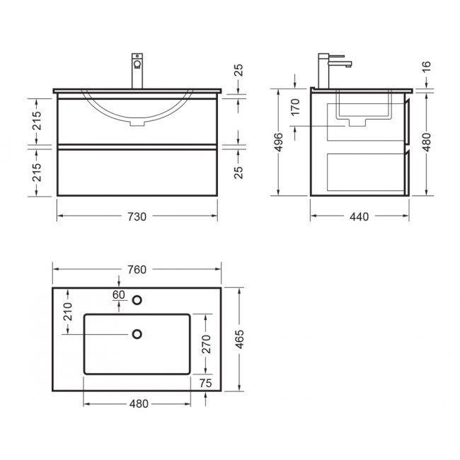 Robertson Elementi Evolve Wall Hung Vanity 750, 2 Drawers