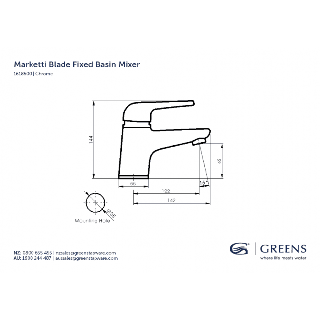 Greens Tapware Marketti Blade Basin Mixer Fixed