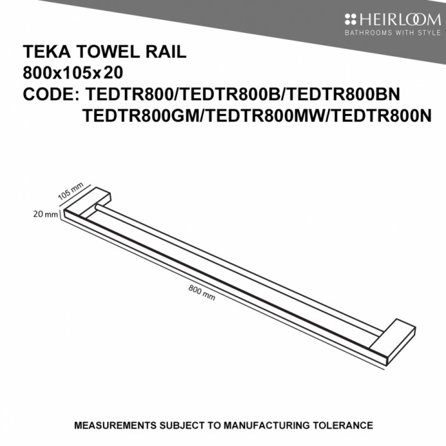 Heirloom Teka Towel Rail Double 800mm - Matt White 