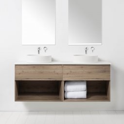 VCBC Soft Solid Surface 1550 Wall-Hung Vanity, 2 Drawers, 2 Open Shelves, Double Bowl